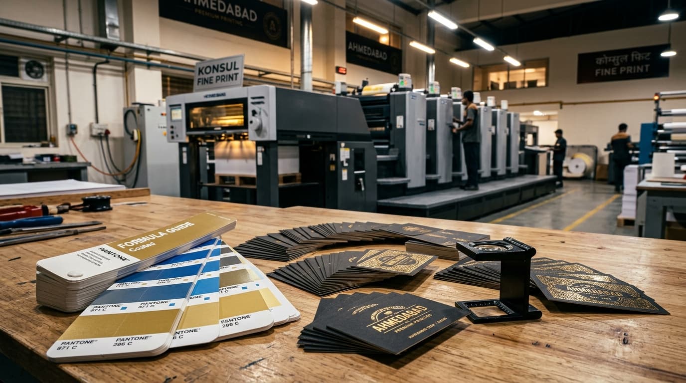 Ahmedabad commercial offset printing press workshop, gold foil cards and pantone guide